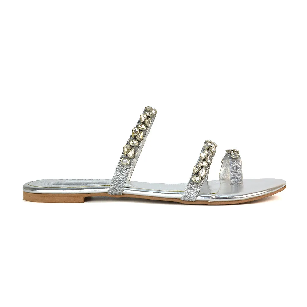Jordana Diamante Flat Sandals Toe Post Rhinestone Summer Slides in Silver sold by XYlondon