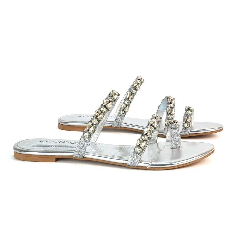Jordana Diamante Flat Sandals Toe Post Rhinestone Summer Slides in Silver sold by XYlondon product image thumbnail 3