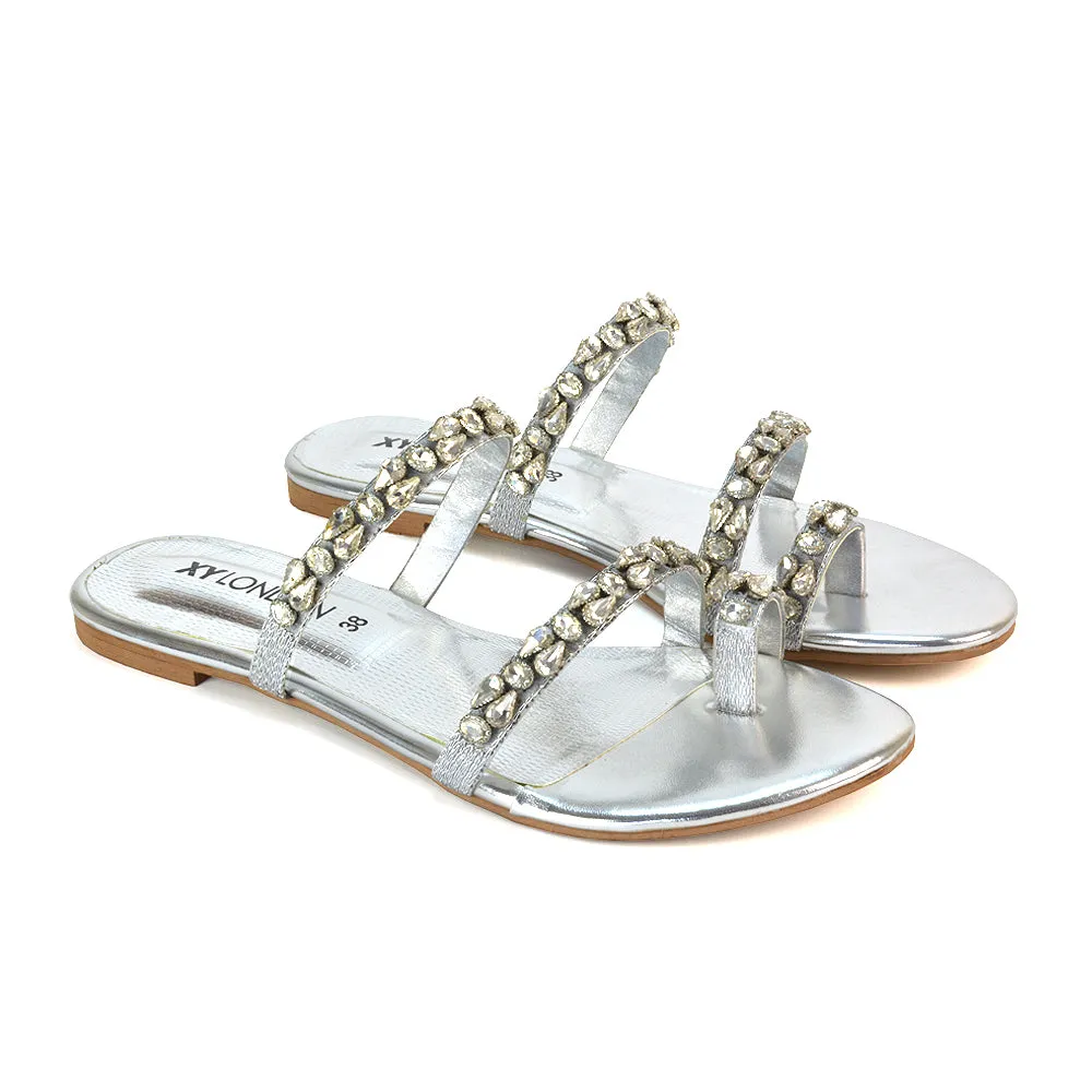 Jordana Diamante Flat Sandals Toe Post Rhinestone Summer Slides in Silver sold by XYlondon product image thumbnail 2