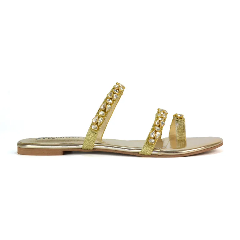 Jordana Flat Diamante Toe Post Sandals Rhinestone Summer Slides in Gold sold by XYlondon