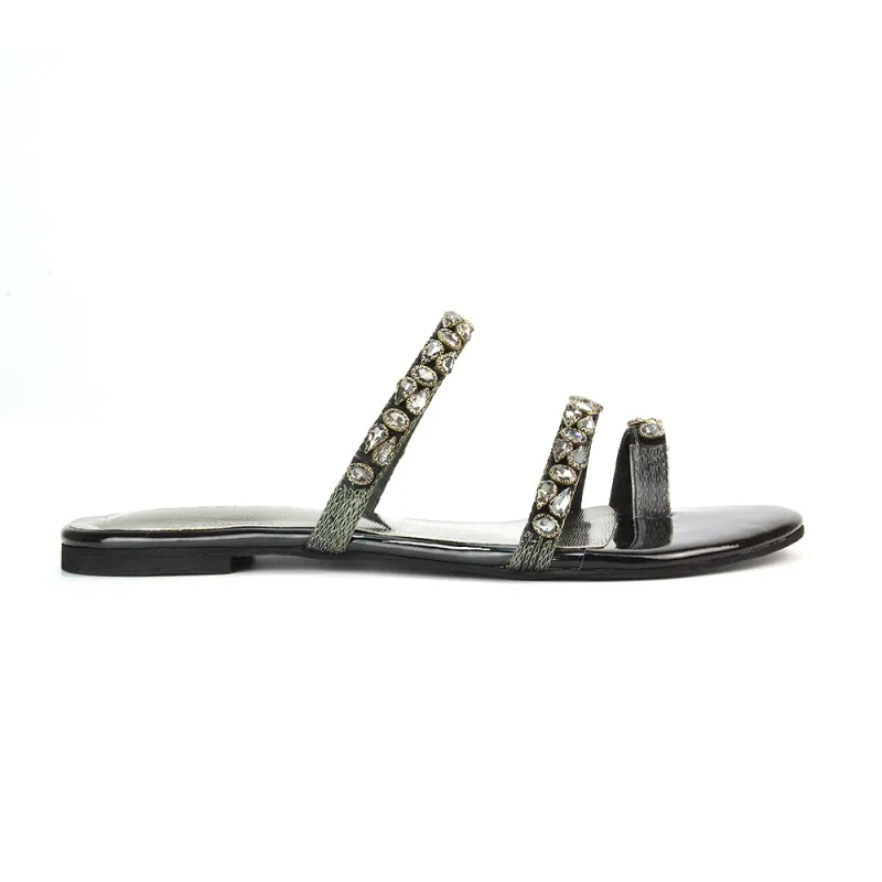 Jordana Diamante Flat Sandals Toe Post Rhinestone Summer Slides in Black sold by XYlondon