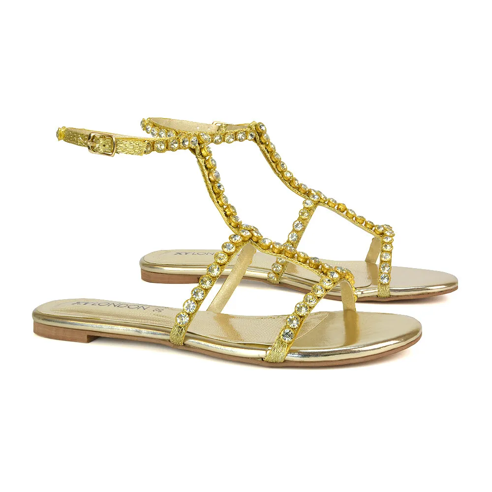 Cher Flat Ankle Strap Holiday Rhinestone Summer Diamante Sandals in Gold sold by XYlondon product image thumbnail 3