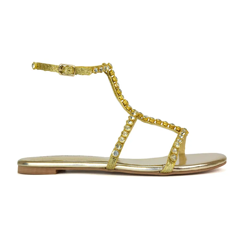 Cher Flat Ankle Strap Holiday Rhinestone Summer Diamante Sandals in Gold sold by XYlondon