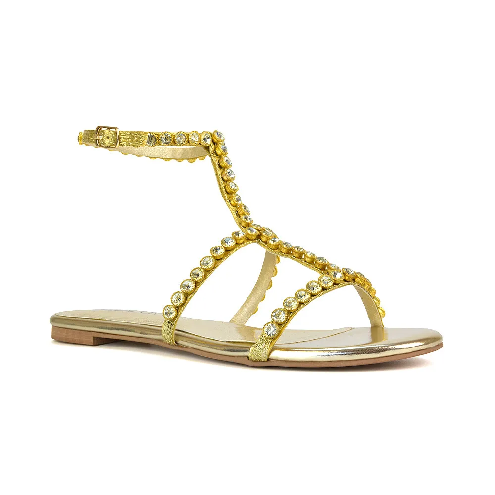 Cher Flat Ankle Strap Holiday Rhinestone Summer Diamante Sandals in Gold sold by XYlondon product image thumbnail 5