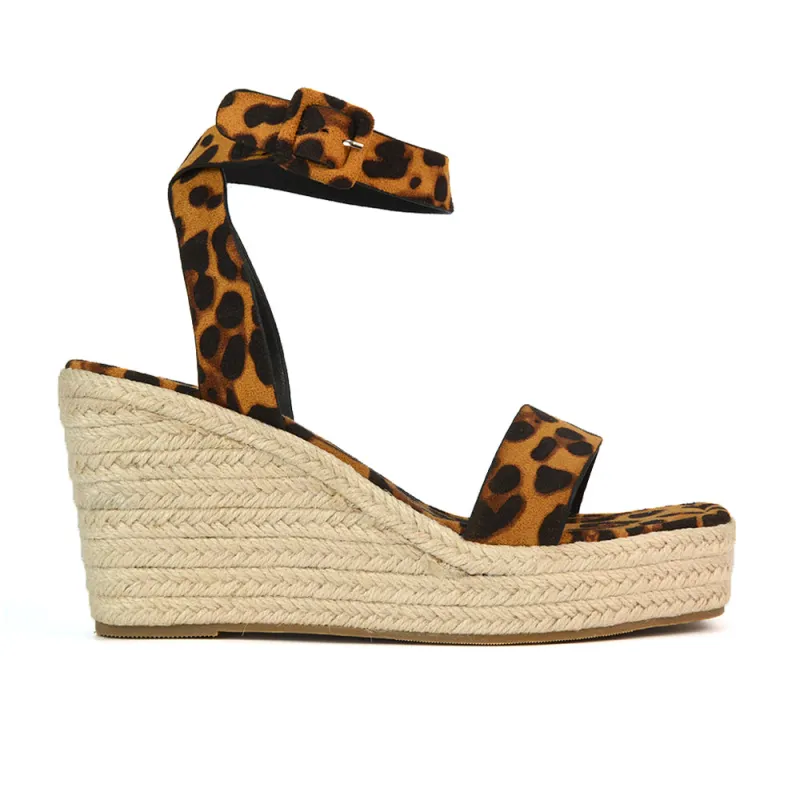Dayla Platform Espadrille Sandal Wedge Heel With a Square Toe in Leopard Pattern sold by XYlondon