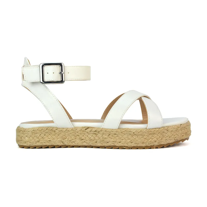 Fran Flatform Strappy Espadrille Flat Summer Sandals In White Synthetic Leather sold by XYlondon