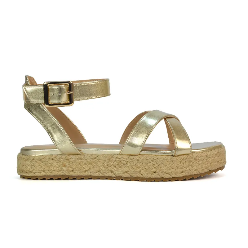 Fran Flatform Strappy Espadrille Flat Summer Sandals In Gold Metallic sold by XYlondon