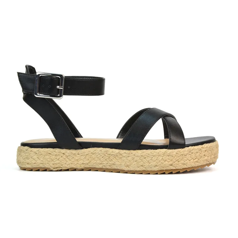 Fran Flatform Strappy Espadrille Flat Summer Sandals In Black Synthetic Leather sold by XYlondon
