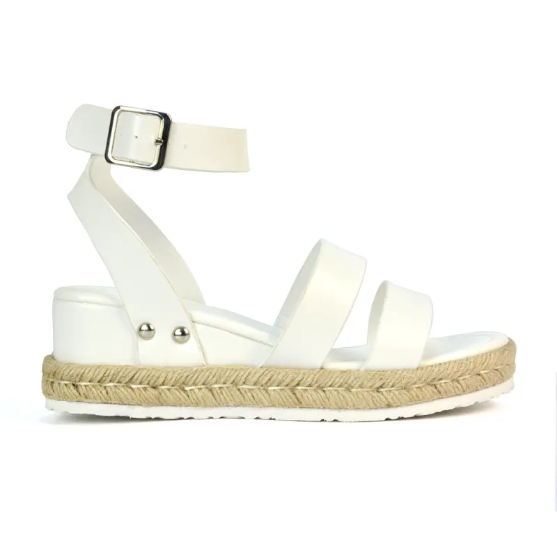 Jorja Platform Wedge Heel Sandals Espadrilles in White Synthetic Leather sold by XYlondon