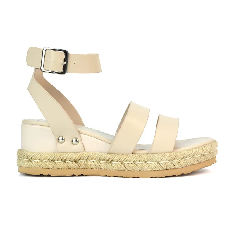 Jorja Platform Wedge Heel Sandals Espadrilles in Nude Synthetic Leather sold by XYlondon