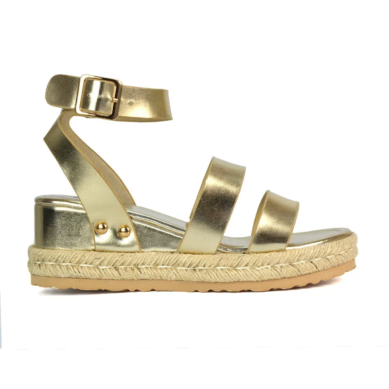 Jorja Platform Wedge Heel Sandals Espadrilles in Gold Metallic sold by XYlondon