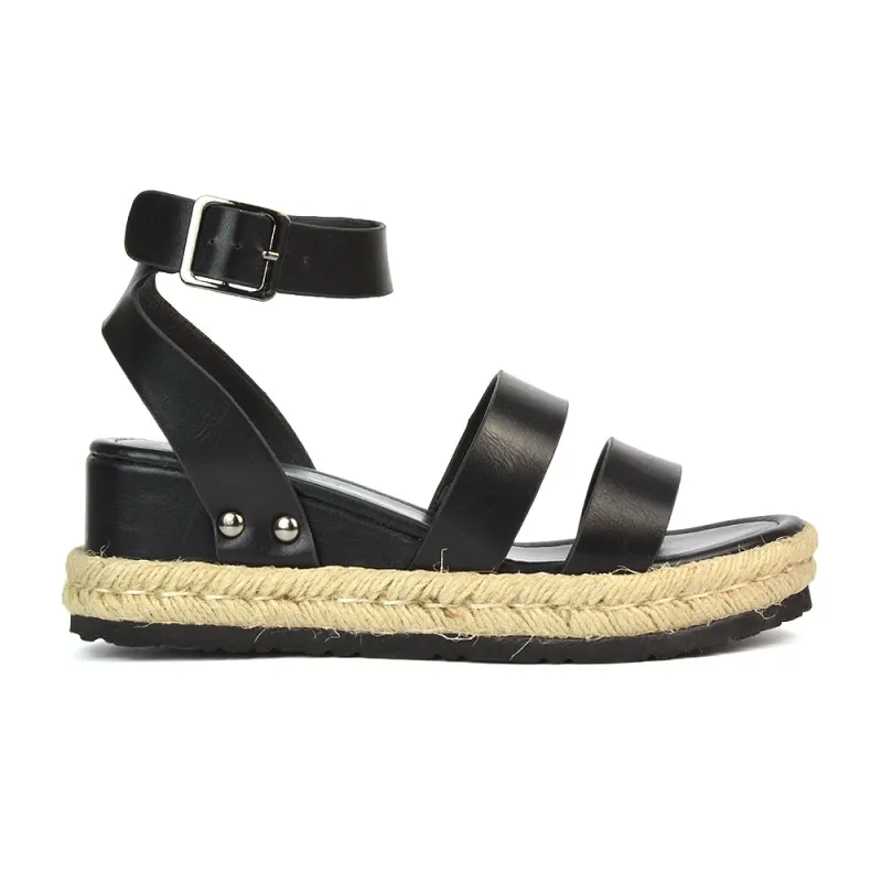 Jorja Platform Wedge Heel Sandals Espadrilles in Black Synthetic Leather sold by XYlondon