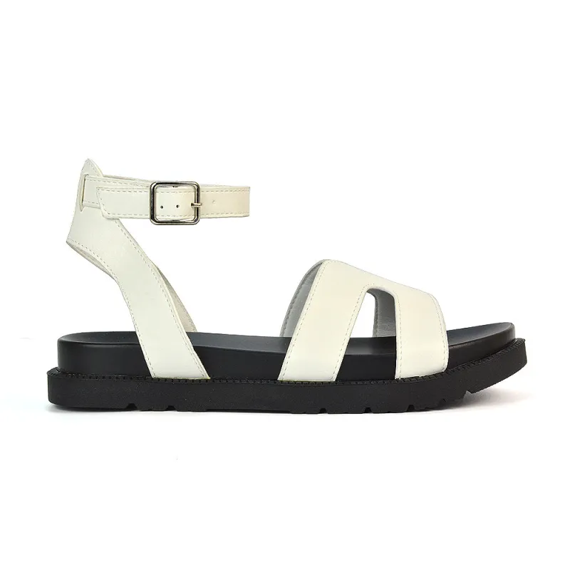 Eboni Flatform Festival Sandals With Ankle Strap Cut Out Design in White Synthetic Leather sold by XYlondon