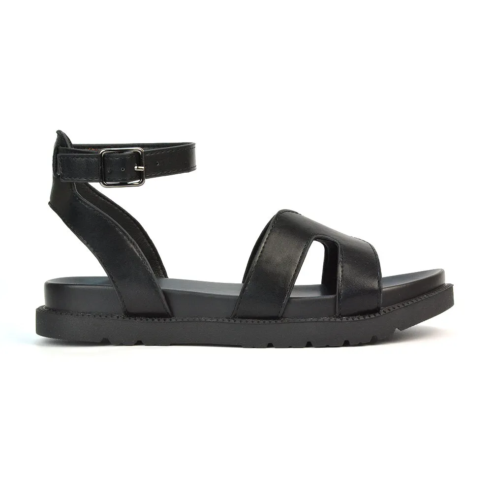 Eboni Flatform Festival Sandals With Ankle Strap Cut Out Design in Black Synthetic Leather sold by XYlondon