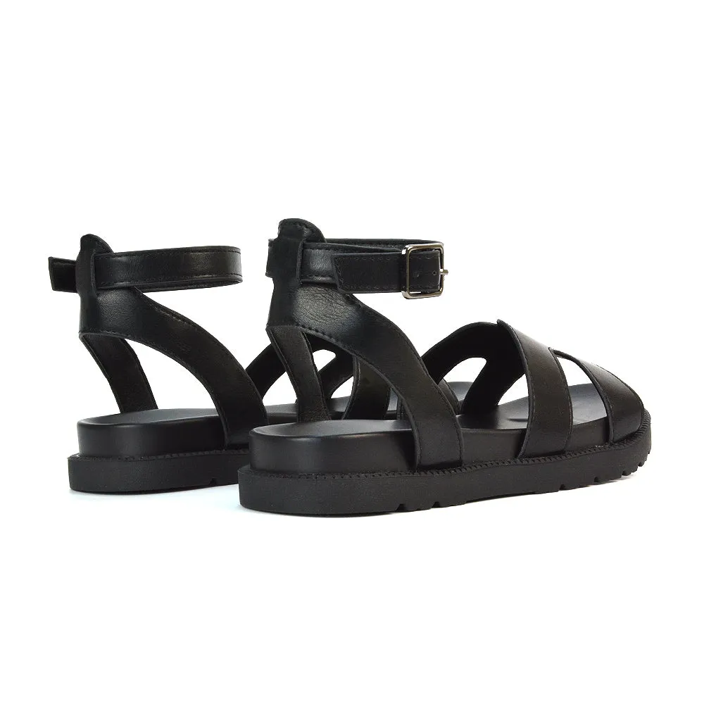 Eboni Flatform Festival Sandals With Ankle Strap Cut Out Design in Black Synthetic Leather sold by XYlondon product image thumbnail 4