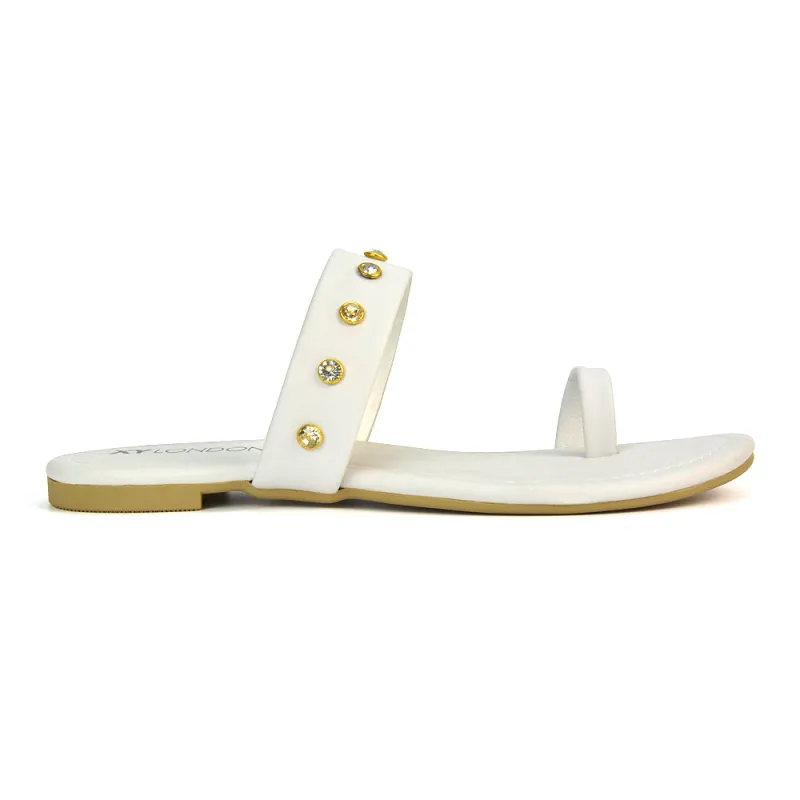 Sammie Slip On Toe Post Flat Heel Diamante Leather Summer Sandal Slides in White sold by XYlondon