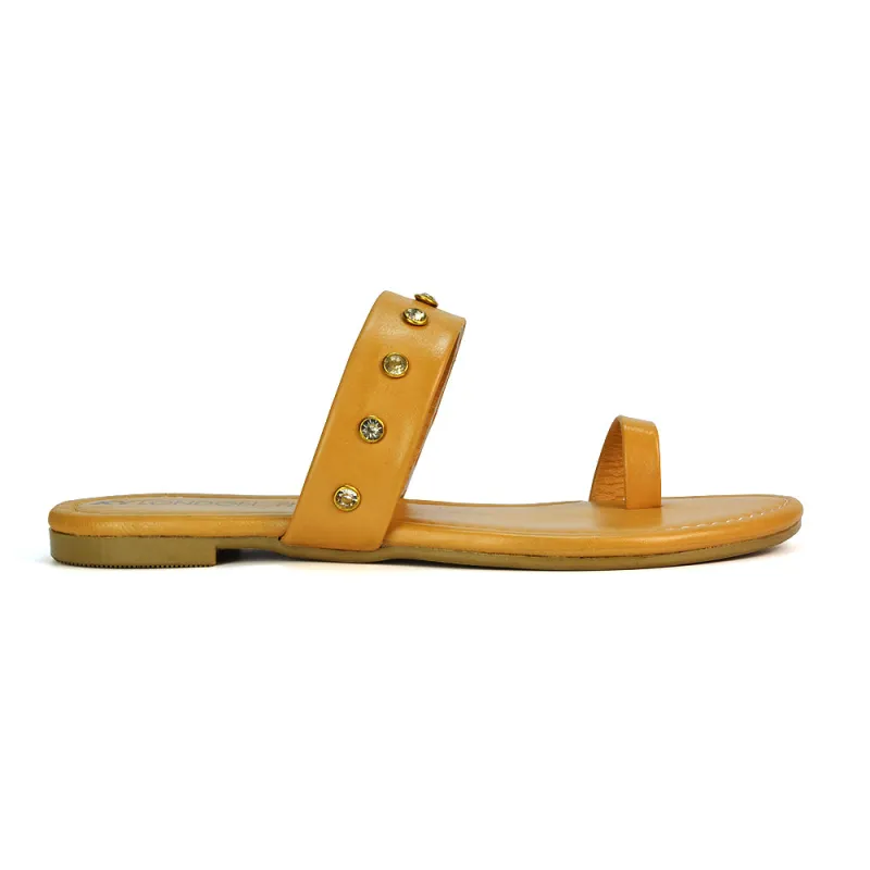 Sammie Slip On Toe Post Flat Heel Diamante Leather Summer Sandal Slides in Tan sold by XYlondon