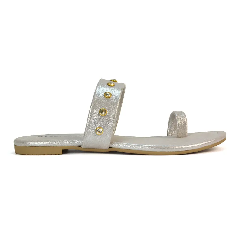 Sammie Slip On Toe Post Flat Heel Diamante Leather Summer Sandal Slides in Silver sold by XYlondon
