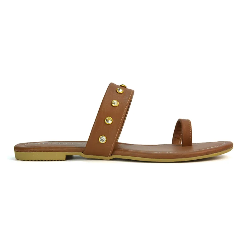 Sammie Slip On Toe Post Flat Heel Diamante Leather Summer Sandal Slides in Brown sold by XYlondon