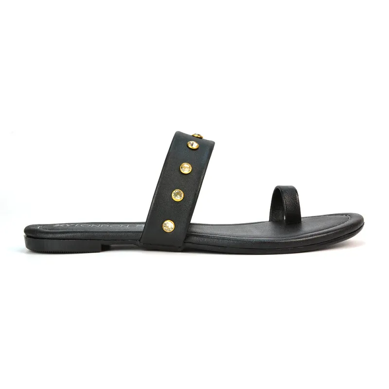 Sammie Slip On Toe Post Flat Heel Diamante Leather Summer Sandal Slides in Black sold by XYlondon