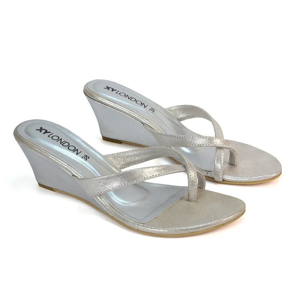 Shona Toe Post Slip On Low Flip Flop Wedge Heel Sandal Mules in Silver sold by XYlondon product image thumbnail 3