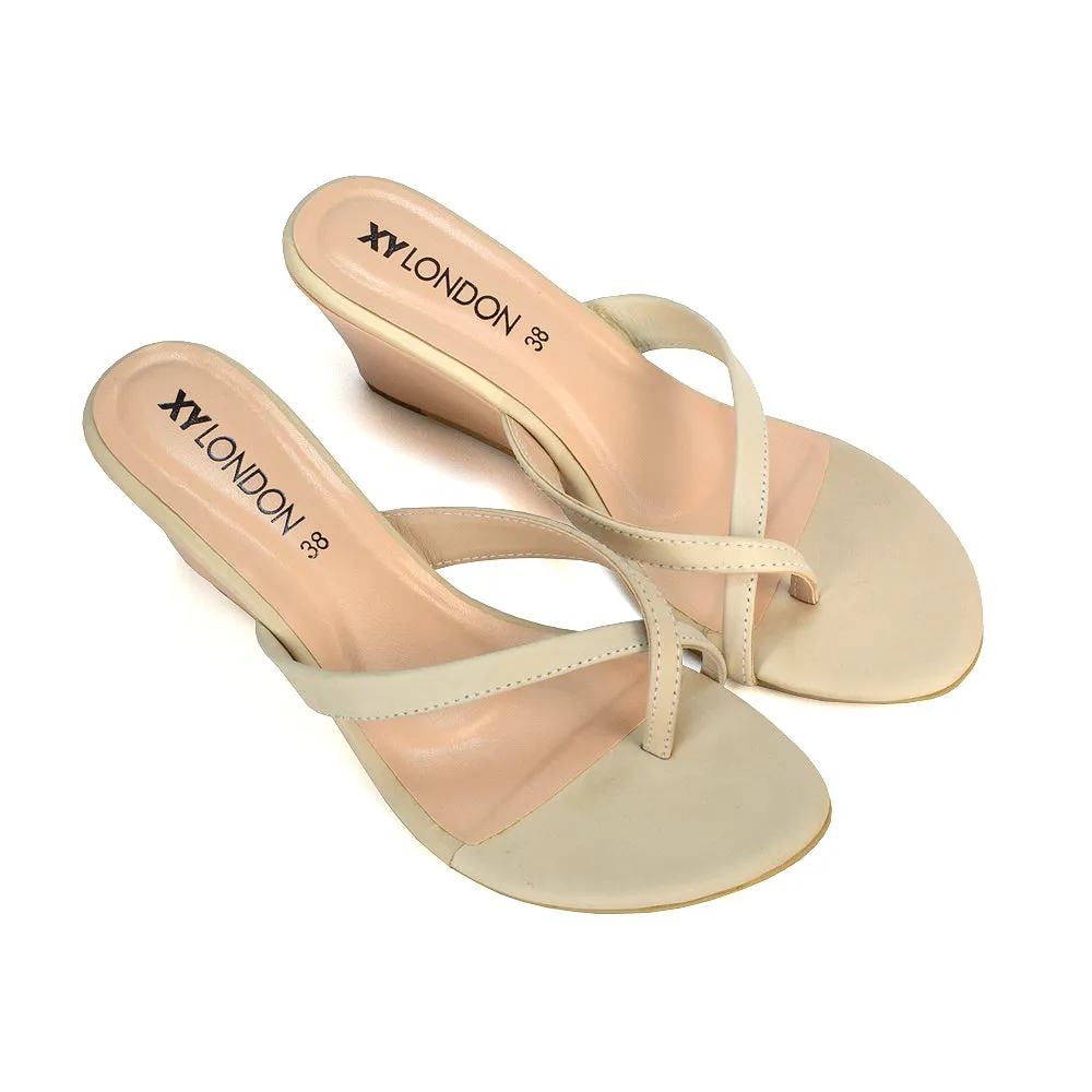 Shona Toe Post Slip On Flip Flop Low Wedge Heel Sandal Mules in Beige sold by XYlondon product image thumbnail 3