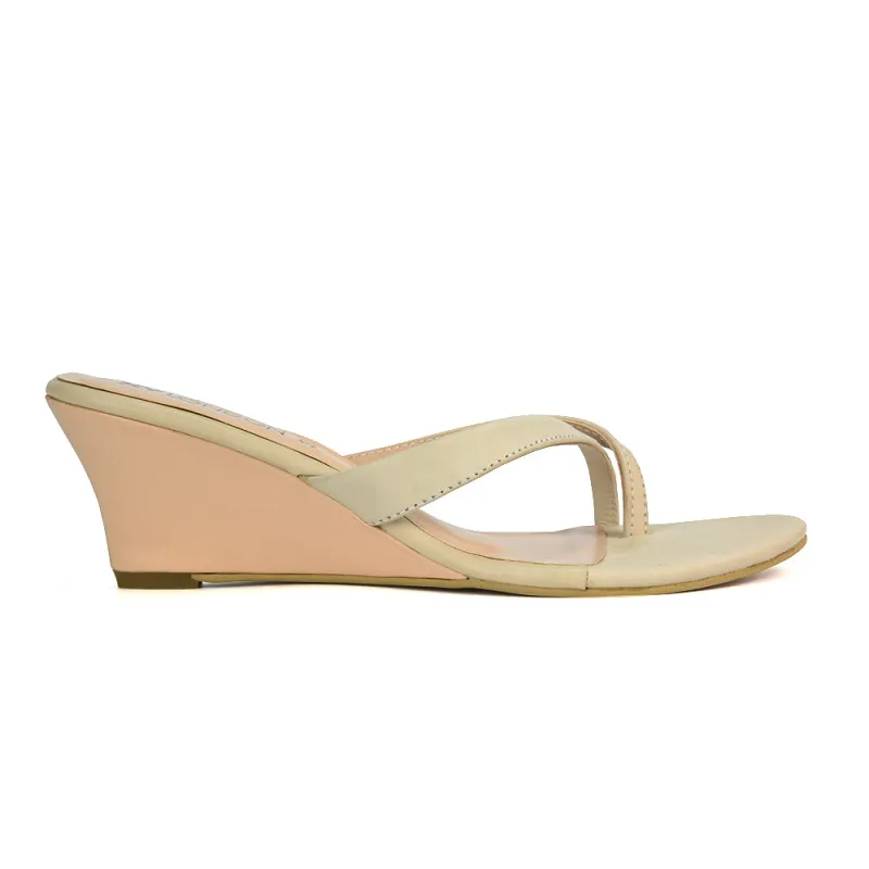 Shona Toe Post Slip On Flip Flop Low Wedge Heel Sandal Mules in Beige sold by XYlondon