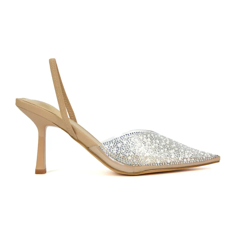 Leonie Stiletto Sparkly High Heel Rhinestone Sling Back Strappy Court Shoes in Nude made by XYlondon