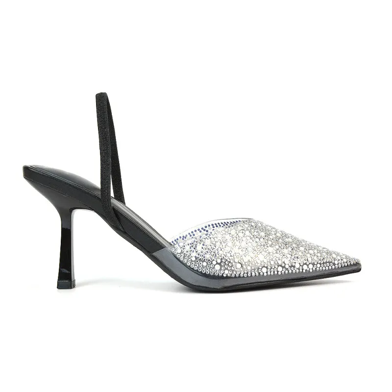 Leonie Stiletto Sparkly High Heel Rhinestone Sling Back Strappy Court Shoes in Black made by XYlondon