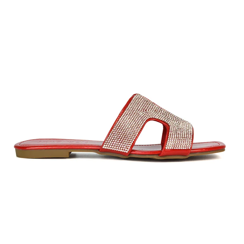 Ruby Cut Out Diamante Strap Square Toe Flat Heel Sandal Slides in Red Patent sold by XYlondon
