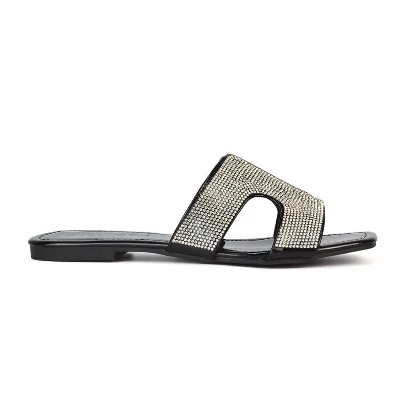 Ruby Cut Out Diamante Strap Square Toe Flat Heel Sandal Slides in Black Patent sold by XYlondon
