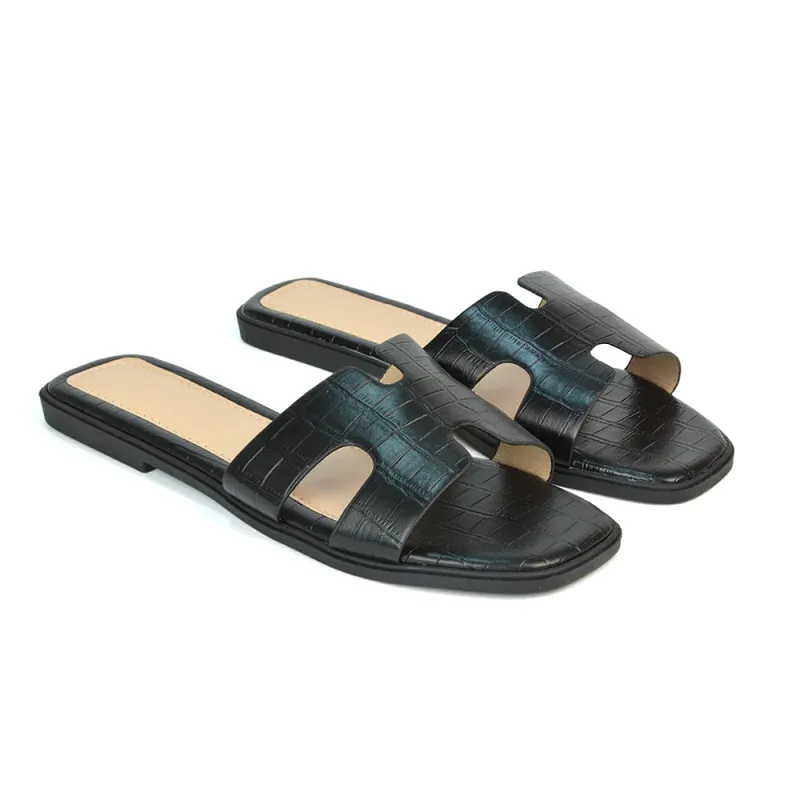 Leanna Cut Out Slip On Flat Sandals Sliders in Black Croc sold by XYlondon