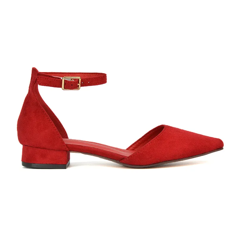 Robyn Pointed Toe Low Heel Strappy Court Shoes in Red Faux Suede sold by XYlondon