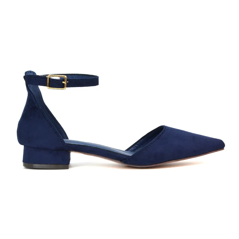 Robyn Pointed Toe Low Heel Strappy Court Shoes in Navy Faux Suede sold by XYlondon