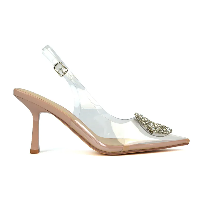 Gabbi Perspex Stiletto High Heels Pointed Toe Slingback Clear Court Shoes in Nude sold by XYlondon