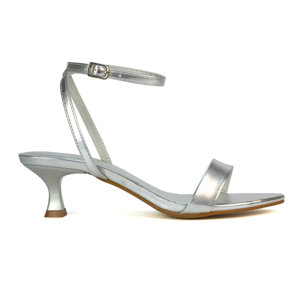 Antonia Strappy Party Kitten Low Heel Sandals in Silver Metallic sold by XYlondon