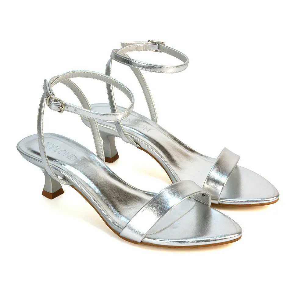 Antonia Strappy Party Kitten Low Heel Sandals in Silver Metallic sold by XYlondon product image thumbnail 2
