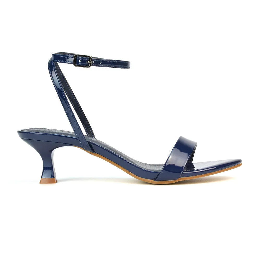 Antonia Strappy Party Kitten Low Heel Sandals in Navy Patent sold by XYlondon