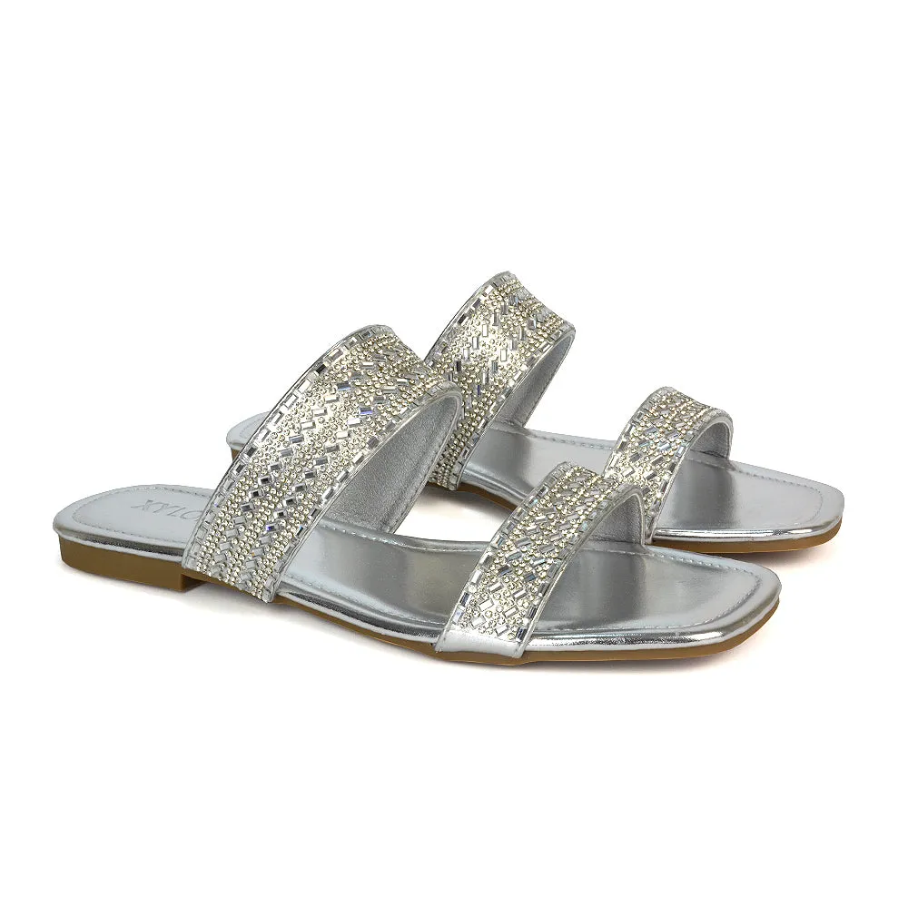 Erica Diamante Double Strap Flat Sandals Rhinestone Slide Shoes in Silver Metallic sold by XYlondon product image thumbnail 3