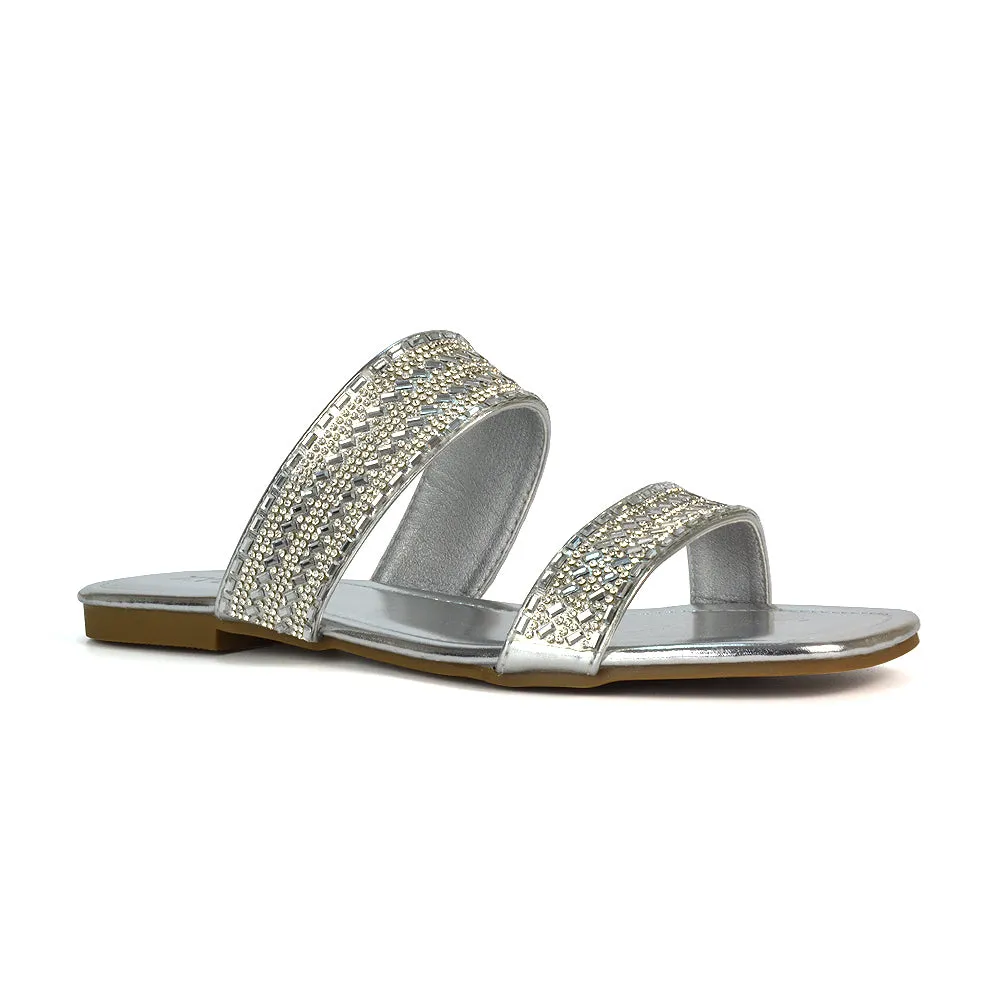 Erica Diamante Double Strap Flat Sandals Rhinestone Slide Shoes in Silver Metallic sold by XYlondon product image thumbnail 5