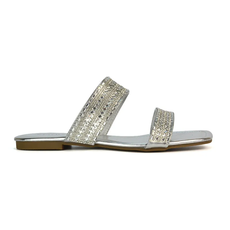 Erica Double Strap Diamante Flat Sandals Rhinestone Sliders in Silver Metallic sold by XYlondon