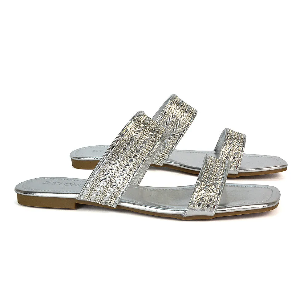Erica Diamante Double Strap Flat Sandals Rhinestone Slide Shoes in Silver Metallic sold by XYlondon product image thumbnail 4