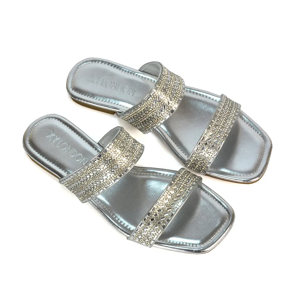 Erica Diamante Double Strap Flat Sandals Rhinestone Slide Shoes in Silver Metallic sold by XYlondon product image thumbnail 2