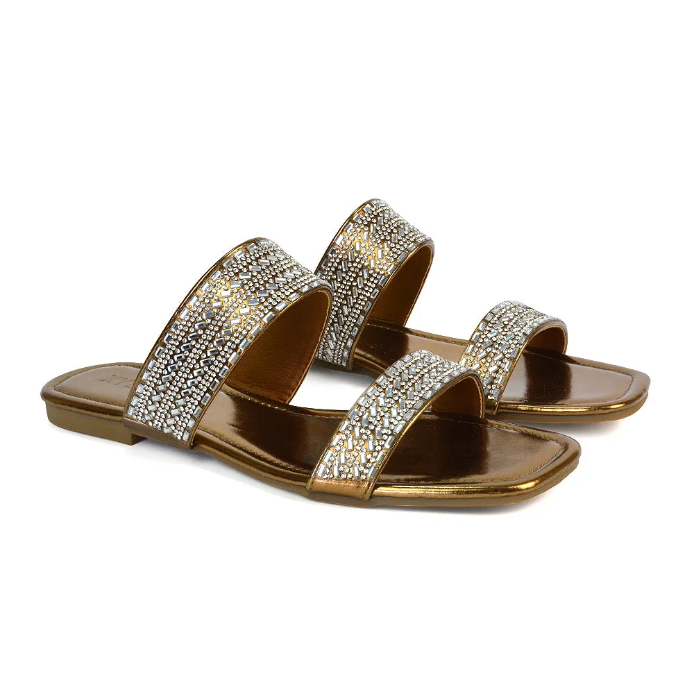 Erica Double Strap Diamante Flat Sandals Rhinestone Sliders in Liquid Gold Metallic sold by XYlondon product image thumbnail 3