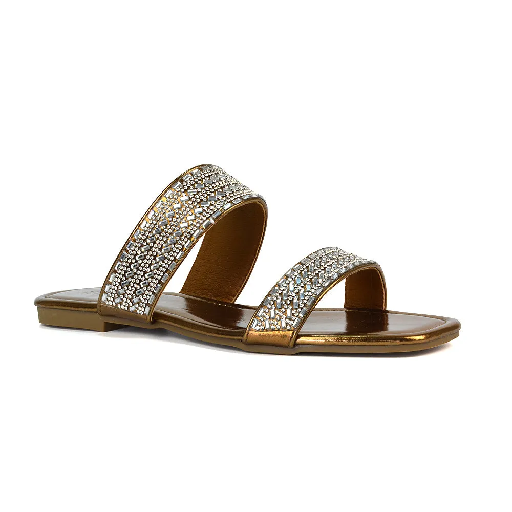 Erica Double Strap Diamante Flat Sandals Rhinestone Sliders in Liquid Gold Metallic sold by XYlondon product image thumbnail 5