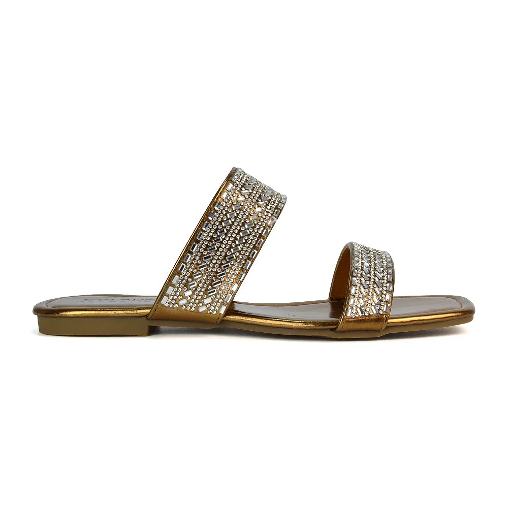 Erica Double Strap Diamante Flat Sandals Rhinestone Sliders in Liquid Gold Metallic sold by XYlondon