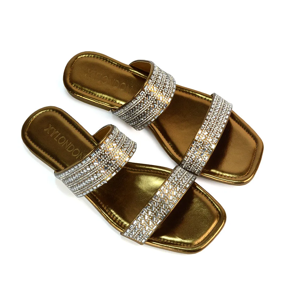Erica Double Strap Diamante Flat Sandals Rhinestone Sliders in Liquid Gold Metallic sold by XYlondon product image thumbnail 2