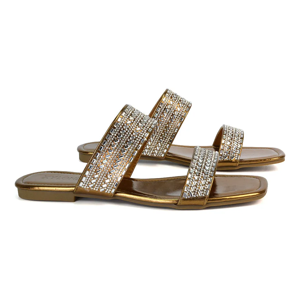 Erica Double Strap Diamante Flat Sandals Rhinestone Sliders in Liquid Gold Metallic sold by XYlondon product image thumbnail 4