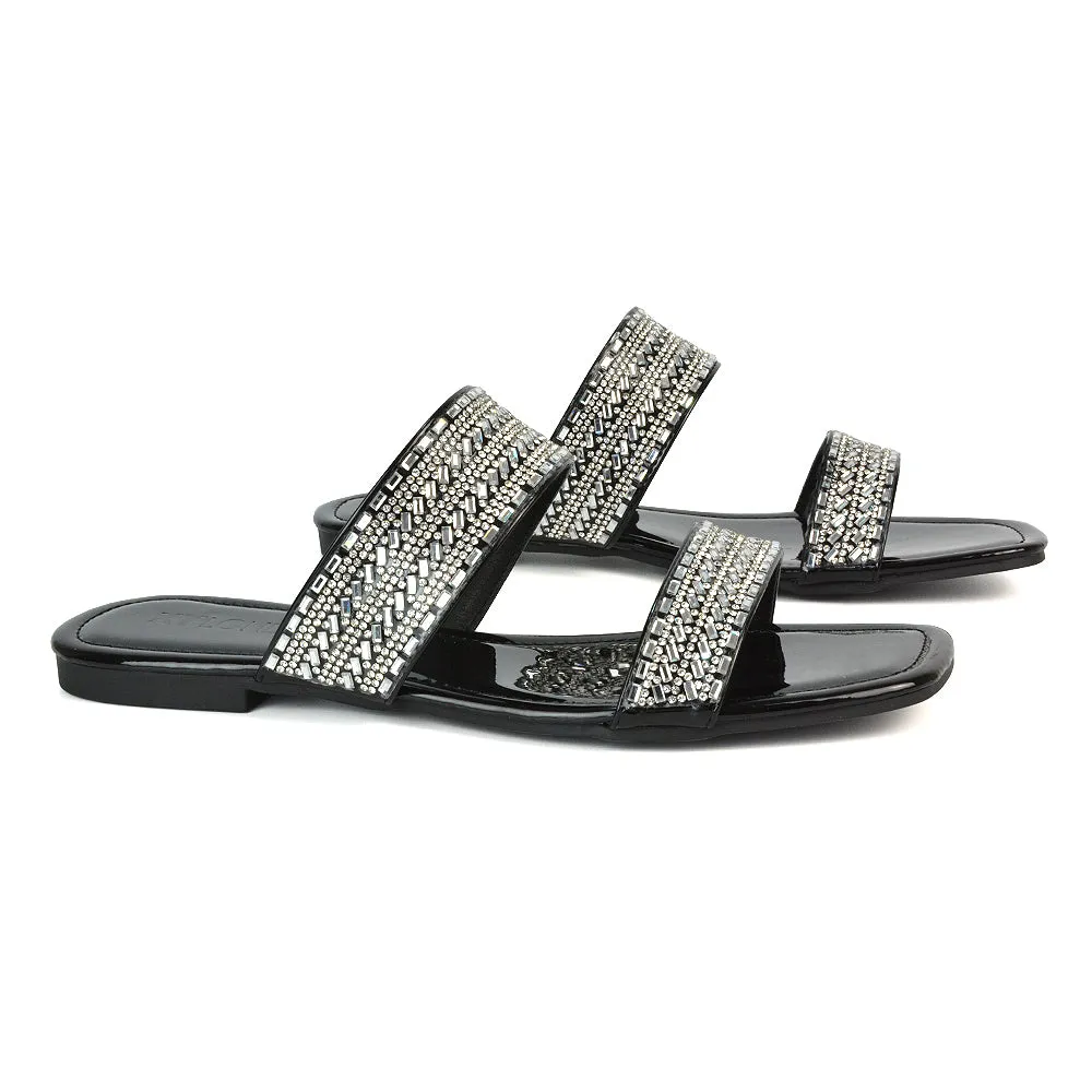 Erica Diamante Double Strap Flat Sandals Rhinestone Slide Shoes in Black Patent sold by XYlondon product image thumbnail 4