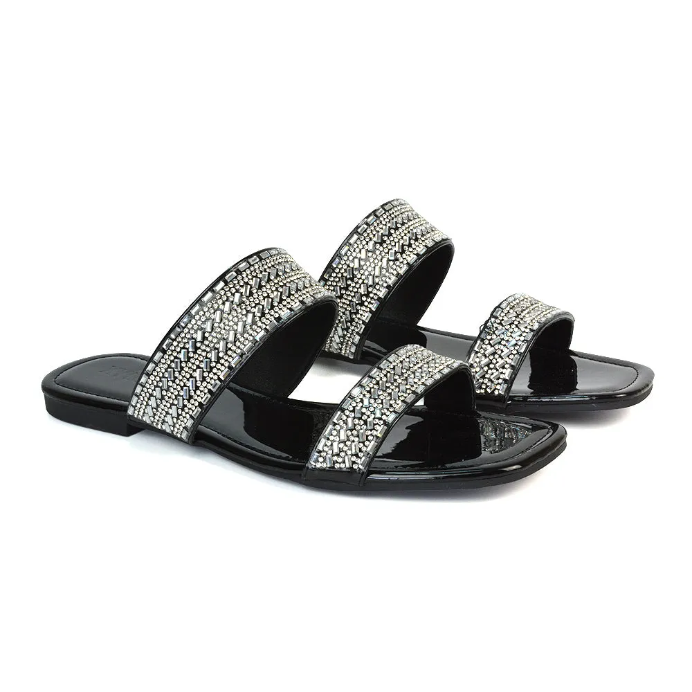 Erica Diamante Double Strap Flat Sandals Rhinestone Slide Shoes in Black Patent sold by XYlondon product image thumbnail 3